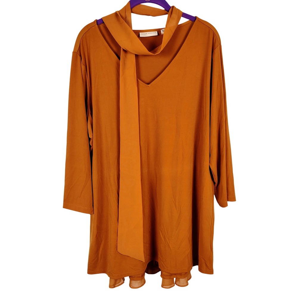 Susan Graver Womens 1X Scarf Neck Tunic Top Burnt Orange Layered Hem Boho Office